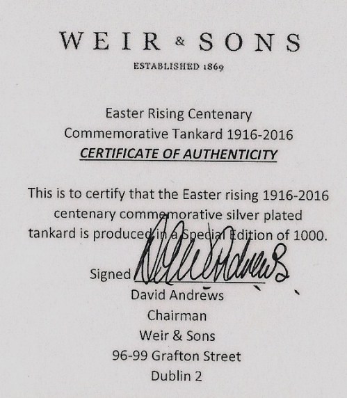 Tankard Certificate of Authenticity